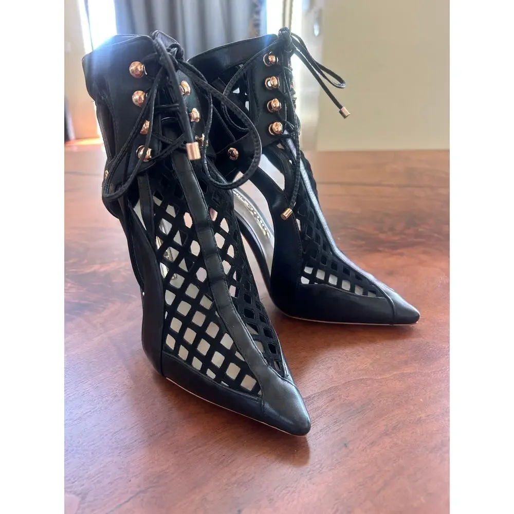 Rare Sophia Webster Jetta Black Leather Lace-Up Stiletto Booties 36 / US 6